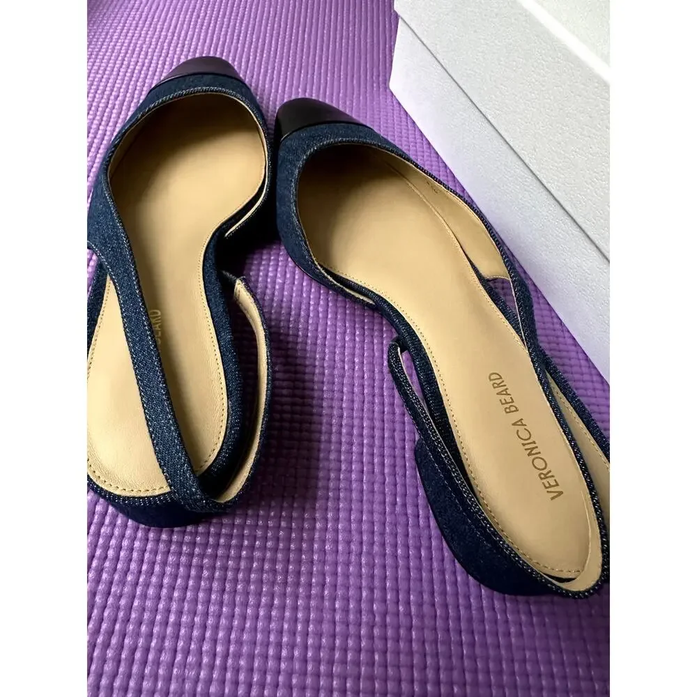 New Veronica Beard Cecile Denim Cap Toe Slingback Pumps Women 8.5 Black Blue